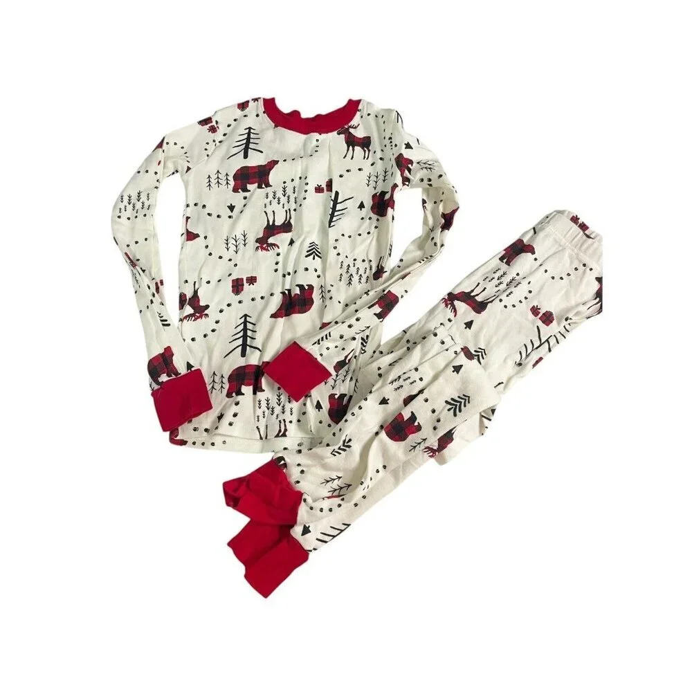 The Children's Place Pajama Set Kids 8 White Red Buffalo Plaid Bear Moose Winter